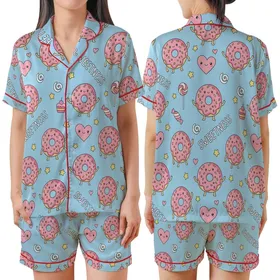Sweet Treat Lovers' Pastel Sky Blue Kawaii Donut & Pink Heart Seamless Pattern with Happy Faces & Sprinkles Satin Short-Sleeve Pajamas Set