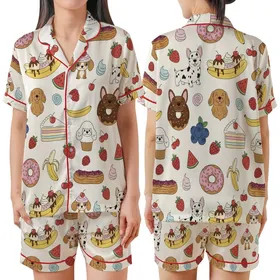 Dog Lovers' Whimsical Dessert Dog & Fruit Pattern, Frenchie Donut, Golden Retriever Cake, Corgi Banana Split on Cream Satin Short-Sleeve Pajamas Set