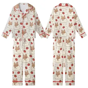 Women's Kawaii Brown Bunny Red Strawberry Cream Blanket Scattered Pattern Kid Satin Pajamas Set