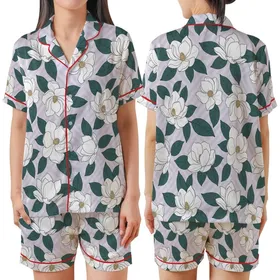 Women's Illustrative White Magnolia Deep Teal Green Leaves Pale Lavender Diagonal Stripe Botanical Pattern Satin Short-Sleeve Pajamas Set