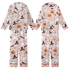 Youth & Girls' Whimsical Light Pink Cartoon Halloween Ghosts, Jack-o'-Lanterns, Witch Hats, Stars Kid Satin Pajamas Set