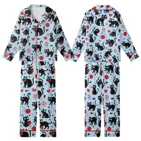 Cat Lovers' Whimsical Black Cat Pastel Blue All-Over Red Hearts Fanged Mouths Yarn Balls Pattern Kid Satin Pajamas Set