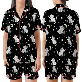 Cat Lovers' Whimsical Illustrative White & Grey Cats Starry Black Pattern, Pale Yellow Moons & Pastel Yarn Satin Short-Sleeve Pajamas Set