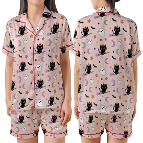 Cute Halloween Lovers' Pastel Pink Whimsical Black Cat Ghost Bat Lavender Orange Star Pattern Satin Short-Sleeve Pajamas Set