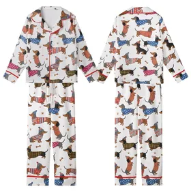 Dachshund Lovers' Whimsical Dachshund Dog Pattern Dressed in Red Pink Blue Plaid Striped Outfits White Background Kid Satin Pajamas Set