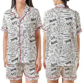 Whimsical Art Fans' Hand-Drawn Black & White Doodle Animal Outline Pattern with Cats, Bunnies, Foxes Satin Short-Sleeve Pajamas Set