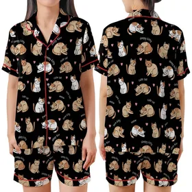 Cat Lovers' Whimsical Cartoon Cats Tan Brown Pink Hearts Black Background Pattern Satin Short-Sleeve Pajamas Set