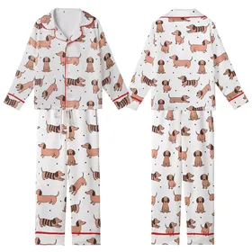 Dachshund Lovers' Whimsical Salmon Pink Light Brown Striped Dachshund Line Art Playful Pattern Kid Satin Pajamas Set