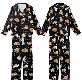 Cat Lovers' Whimsical Cartoon Cats Tan Brown Pink Hearts Black Background Pattern Kid Satin Pajamas Set