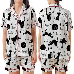 Cat Lover's Whimsical Black Cats Seamless Pattern: Playful Kittens, Butterfly & 'Meow' Text Satin Short-Sleeve Pajamas Set