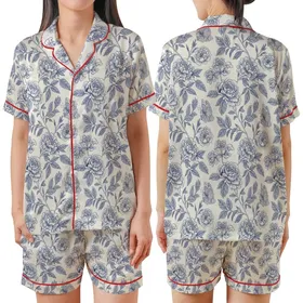 Women's Monochromatic Indigo Blue-Grey Toile Peony & Rose Botanical Satin Short-Sleeve Pajamas Set
