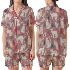 Whimsical Cat Lovers' Soft Dusty Rose Pink Hand-Drawn Cats with Vibrant Speckles & Doodle Art Pattern Satin Short-Sleeve Pajamas Set