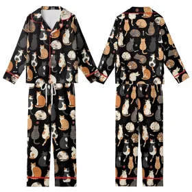 Cat Lovers' Illustrative Seamless Pattern: Natural Posing Cats with Tabby Calico Tuxedo Fur on Black Kid Satin Pajamas Set