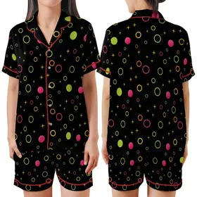 Energetic Style Seekers' High-Contrast Neon Lime Pink Orange Yellow Geometric Circles Stars Pattern Satin Short-Sleeve Pajamas Set