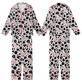 Cute Style Enthusiasts' White & Black Holstein Cow Print, Bubblegum Pink Hearts, Cartoon Cow Faces, I LOVE MILK Text Kid Satin Pajamas Set