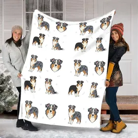 Australian Shepherd Lovers' Cartoon Flat Art Merle Grey Black Tan Brown Aussie Dog Pattern White Pink Accents Paw Prints Fleece Blanket