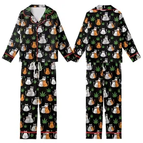 Playful Cat & Cannabis Enthusiasts' Flat Art Cats Orange Sunglasses Green Cannabis Leaves Seamless Black Pattern Kid Satin Pajamas Set