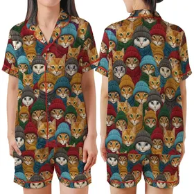 Cat Lovers' Intricate Realistic Cat Portraits Satin Short-Sleeve Pajamas Set