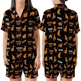 Orange Cat Lovers' Bold Flat Graphic Orange Cat Playful Pose Pattern Black White Orange Text Red Paw Prints Satin Short-Sleeve Pajamas Set