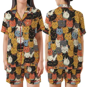 Cat Lovers' Dense Playful Seamless Cat Faces Pattern Ginger Ochre Cream Charcoal Pastel Satin Short-Sleeve Pajamas Set
