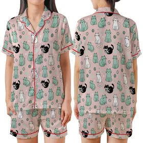 Cat Lovers' Whimsical Blush Pink Pattern with Playful Teal White Black Grey Cartoon Cats, Yarn, Paw Prints Satin Short-Sleeve Pajamas Set
