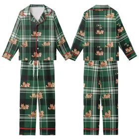Whimsical Animal Art Lovers' Emerald Green Plaid Pattern with Playful Cartoon Dogs, Foxes, and Gentle Beige 'I'M OK' Hand Motif Kid Satin Pajamas Set