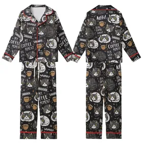 Cat & Coffee Lovers' Grumpy Tabby Cats & Coffee Cups Charcoal Black All Over Illustrative Pattern with Yellow Eyes Kid Satin Pajamas Set