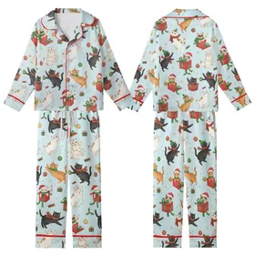 Cat Lovers' Whimsical Festive Cats Watercolor Pattern with Santa Hats, Gift Boxes, Ornaments, Snowflakes on Pastel Blue Kid Satin Pajamas Set