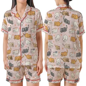 Cat Lovers' Whimsical Pink Cartoon Cat Pattern, Diverse Felines with Orange Paw Prints & Fish Skeletons Satin Short-Sleeve Pajamas Set