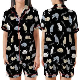 Cat Lovers' Seamless Black Playful Cartoon Cats Beige Blue-Grey Flat Art Whimsical 'Cute Cat' Pattern Satin Short-Sleeve Pajamas Set