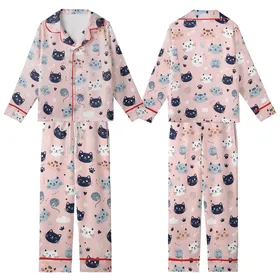 Cat Lovers' Whimsical Hand-Drawn Cartoon Cats Flat Pattern, Light Bubblegum Pink with Navy, Pale Peach, Light Blue-Grey Accents Kid Satin Pajamas Set
