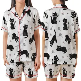 Cat Lovers' Whimsical Black Cats White Background Cartoon Design with Pink Accents, Yarn Balls & Paw Prints Satin Short-Sleeve Pajamas Set