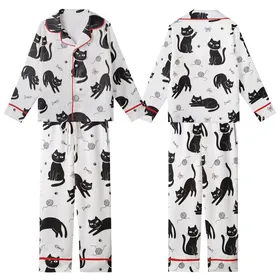 Cat Lovers' Whimsical Black Cats White Background Cartoon Design with Pink Accents, Yarn Balls & Paw Prints Kid Satin Pajamas Set