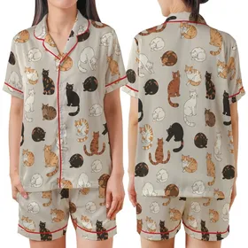 Cat Lovers' Whimsical Hand-Drawn Feline Poses Seamless Pattern Muted Beige Natural Tones Satin Short-Sleeve Pajamas Set