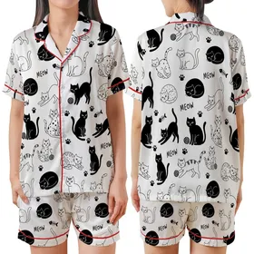 Cat Lovers' Playful Black White Hand-Drawn Cats All-Over Pattern with Silhouettes Line Art Paw Prints & MEOW Satin Short-Sleeve Pajamas Set