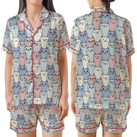 Cat Enthusiasts' Hand-Drawn Pastel Cartoon Cats Seamless Pattern with Bold Black Outlines Satin Short-Sleeve Pajamas Set