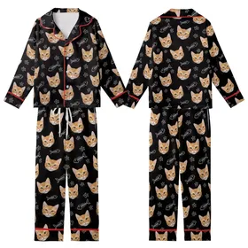 Cat Lovers' Black Whimsical Photo-Realistic Ginger Cat Faces & Hand-Drawn White Fish Skeletons Pattern Kid Satin Pajamas Set