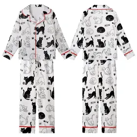 Cat Lovers' Playful Black White Hand-Drawn Cats All-Over Pattern with Silhouettes Line Art Paw Prints & MEOW Kid Satin Pajamas Set