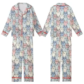 Cat Enthusiasts' Hand-Drawn Pastel Cartoon Cats Seamless Pattern with Bold Black Outlines Kid Satin Pajamas Set