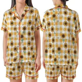 Nature Lovers' Whimsical Orange Yellow Gingham Sunflowers Pastel Green Stems Tiny Yellow Stars Satin Short-Sleeve Pajamas Set
