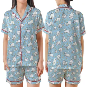 Cat Lovers' Whimsical Black Cartoon Cats Golden Yarn Paw Prints Light Sky Blue Pattern Satin Short-Sleeve Pajamas Set