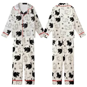 Cat Lovers' Whimsical Black Cat Silhouette & Outline Seamless Pattern with Yarn Balls on Creamy Off-White Kid Satin Pajamas Set
