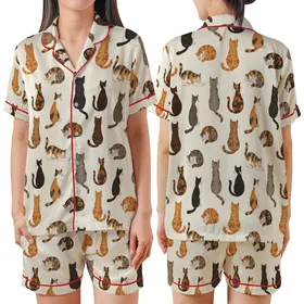 Cat Lovers' Creamy White Seamless Pattern with Diverse Illustrative Brown Gray Ginger Calico Tortoiseshell Cats Satin Short-Sleeve Pajamas Set
