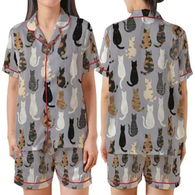 Cat Lovers' Artistic Feline Friends From Behind Repeat Pattern Muted Lavender-Grey Multi-Tone Furs Satin Short-Sleeve Pajamas Set