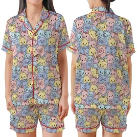 Kids' Sweet Pastel Pink Blue Yellow Lavender All-Over Cartoon Cats Bears Bunnies Pattern with Heart Glasses Bows Kid Satin Pajamas Set