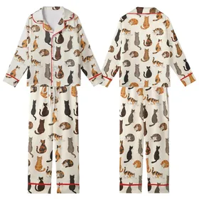 Cat Lovers' Creamy White Seamless Pattern with Diverse Illustrative Brown Gray Ginger Calico Tortoiseshell Cats Kid Satin Pajamas Set