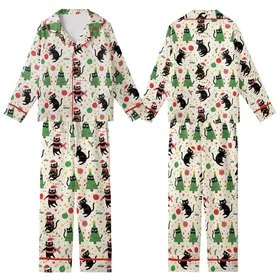 Cat Lovers' Whimsical Christmas Black Cats Pattern, Light Cream Festive Illustration, Red Green Yellow Kid Satin Pajamas Set