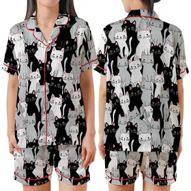 Cat Lovers' Whimsical Black White Grey Cartoon Cat All-Over Print Pink Ears Blue Eyes Pattern Satin Short-Sleeve Pajamas Set