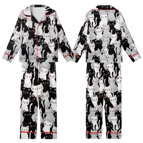Cat Lovers' Whimsical Black White Grey Cartoon Cat All-Over Print Pink Ears Blue Eyes Pattern Kid Satin Pajamas Set
