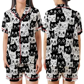 Cat Lovers' Black & White Minimalist Cartoon Cat Face Dense Seamless All-Over Print Satin Short-Sleeve Pajamas Set
